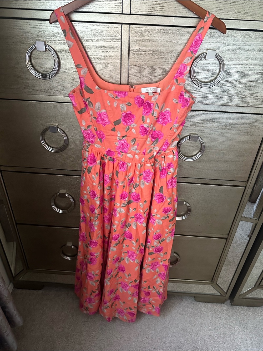 🛍️FINAL PRICE🛍️ WAYF Coral Corset Dress Peach-Orange with Hot Pink Rose Print - Picture 2 of 7
